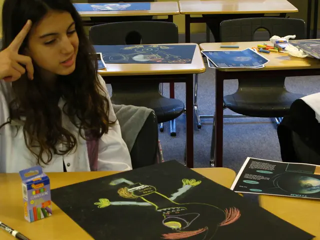 This image consists of so many tables and chairs and people are sitting on chairs near the tables....