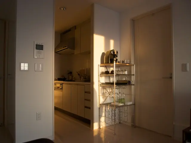 In this picture we can observe a door. There is a desk on which some kitchen accessories are...